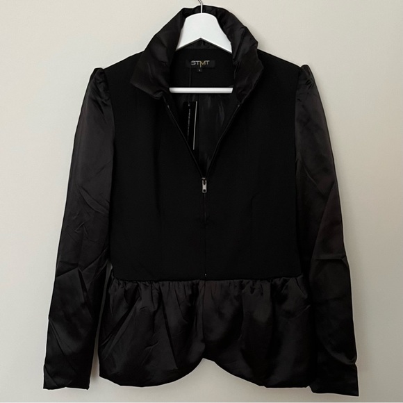 STMT • L • Black Zip Up Blazer Jacket Satin Collar & Sleeve - Picture 1 of 4